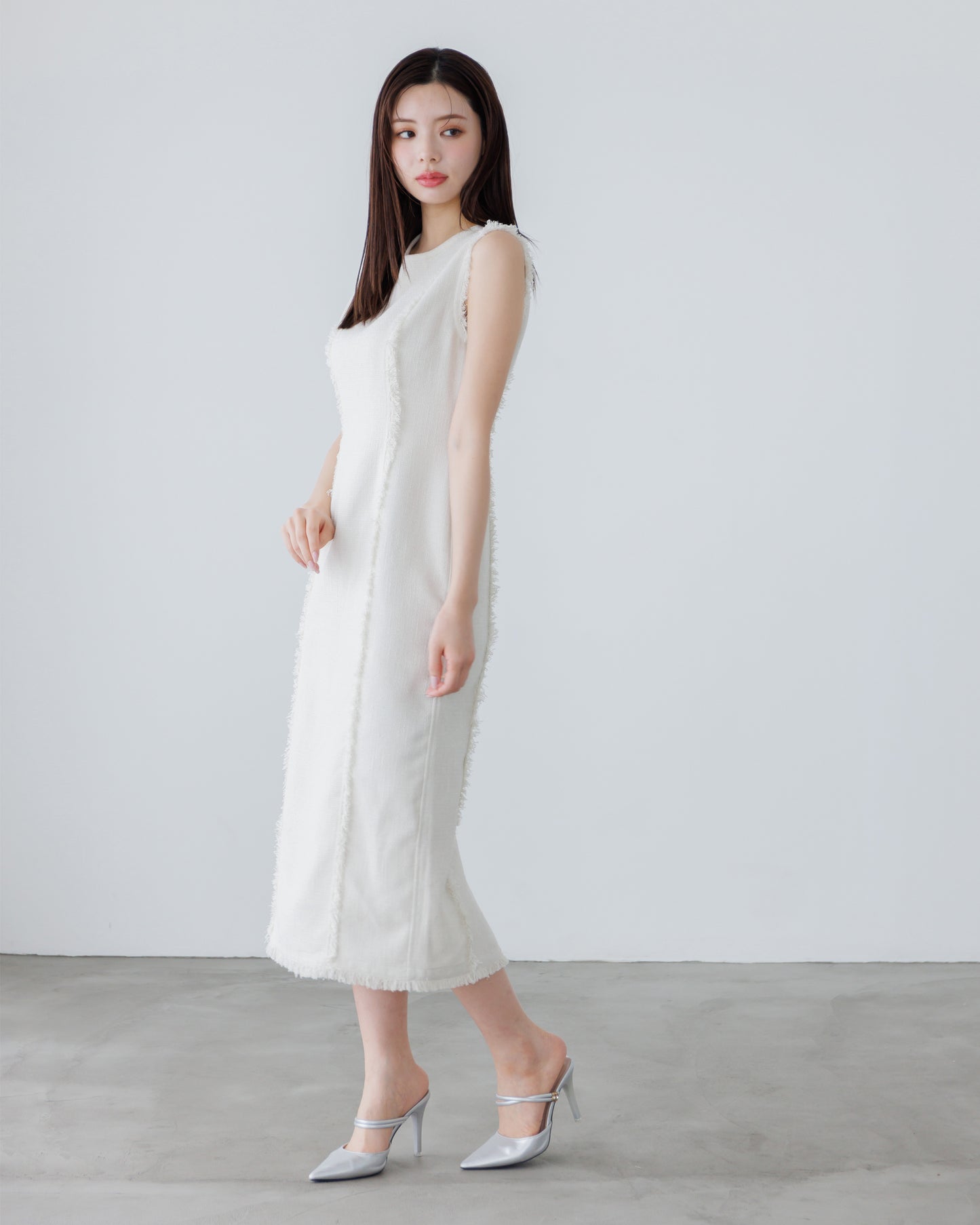 【10%OFF】ノースリーブツイードフリンジワンピース