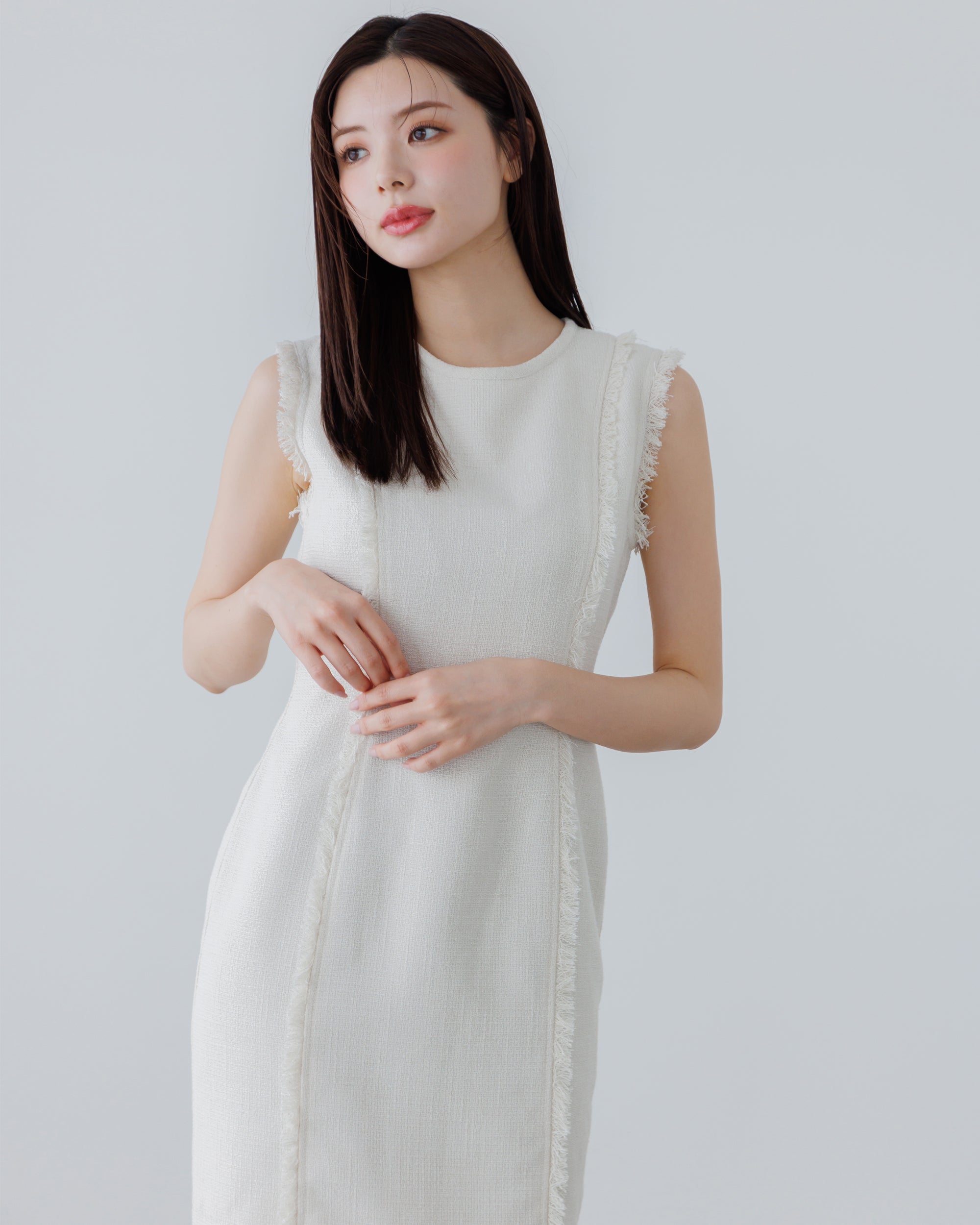 10%OFF】ノースリーブツイードフリンジワンピース – La lune