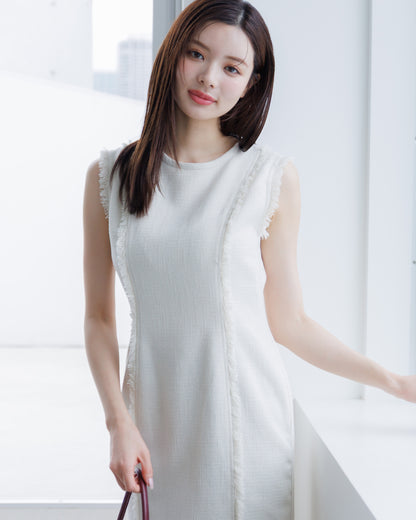 【10%OFF】ノースリーブツイードフリンジワンピース