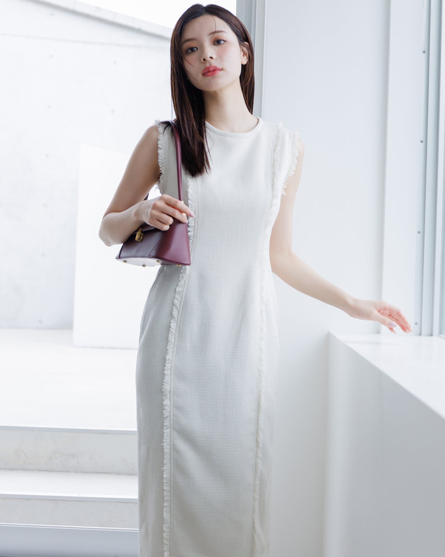 【10%OFF】ノースリーブツイードフリンジワンピース
