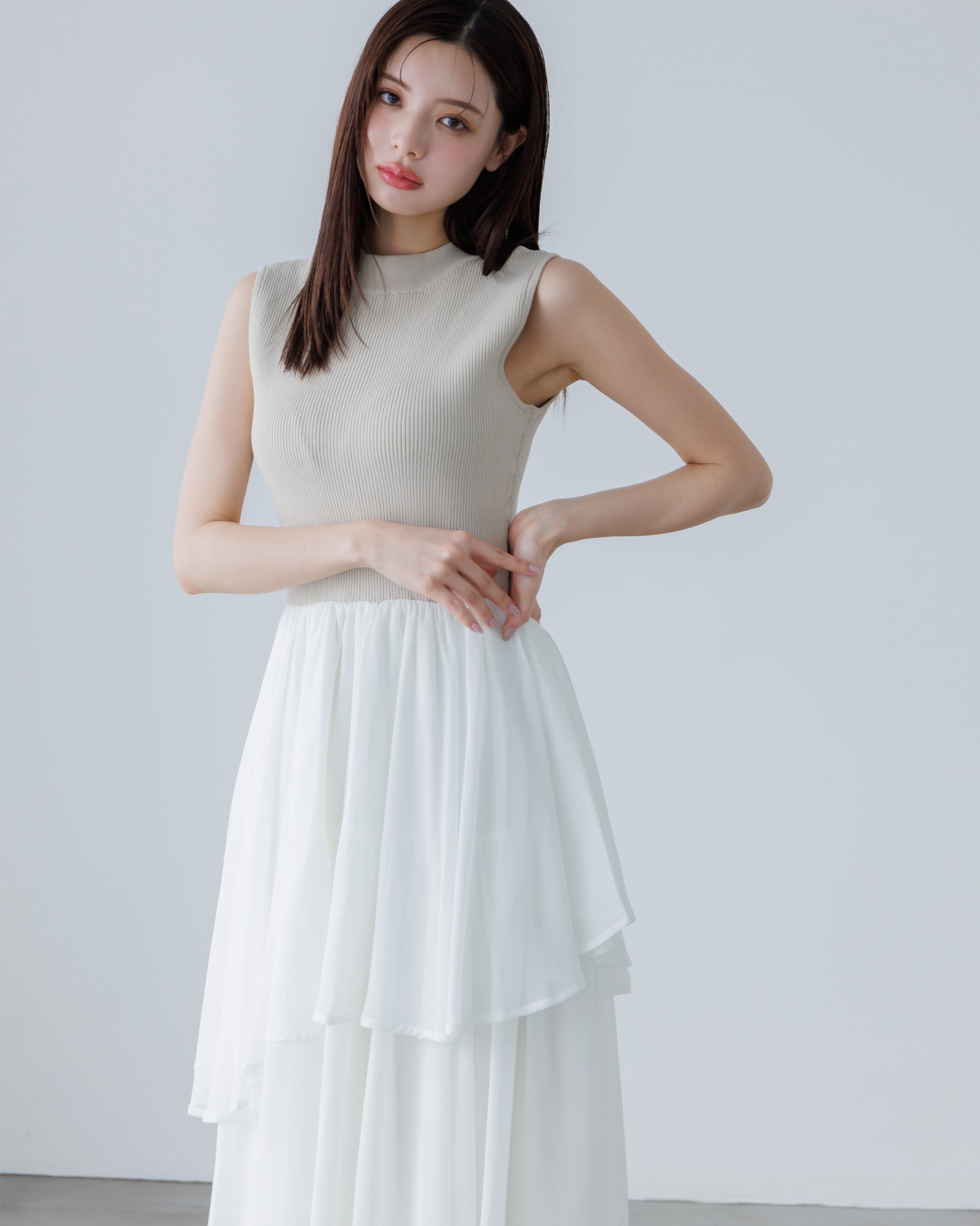 NEW】ドッキングニットシフォンギャザーワンピース – La lune