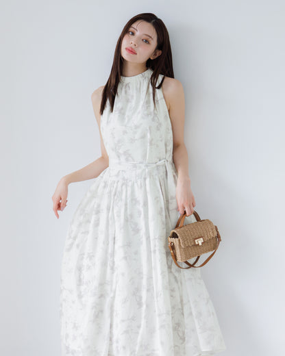 【予約販売】ホルターネックギャザーフラワーワンピース