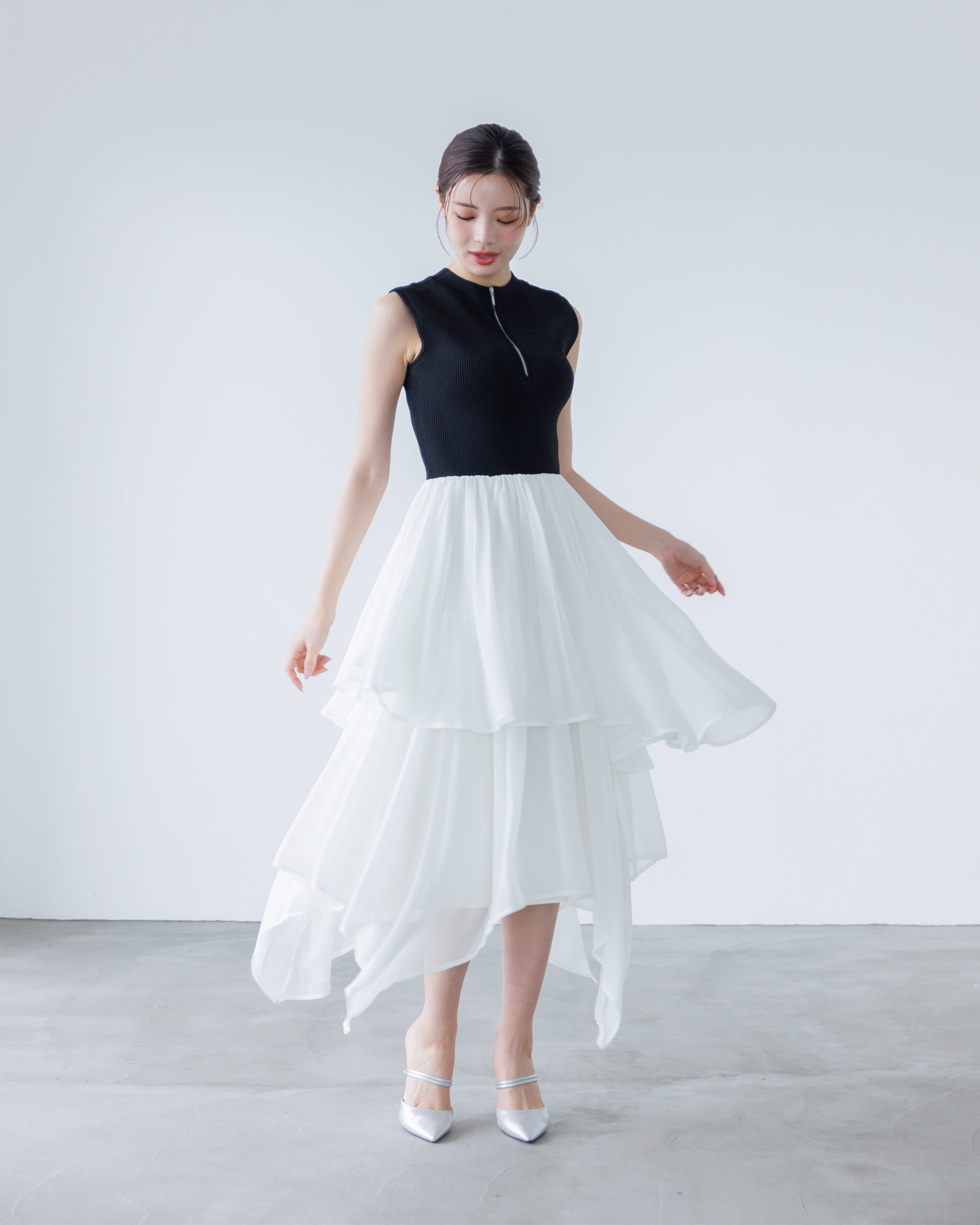 NEW】ドッキングニットシフォンギャザーワンピース – La lune