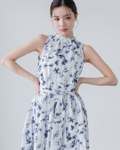 【予約販売】ホルターネックギャザーフラワーワンピース