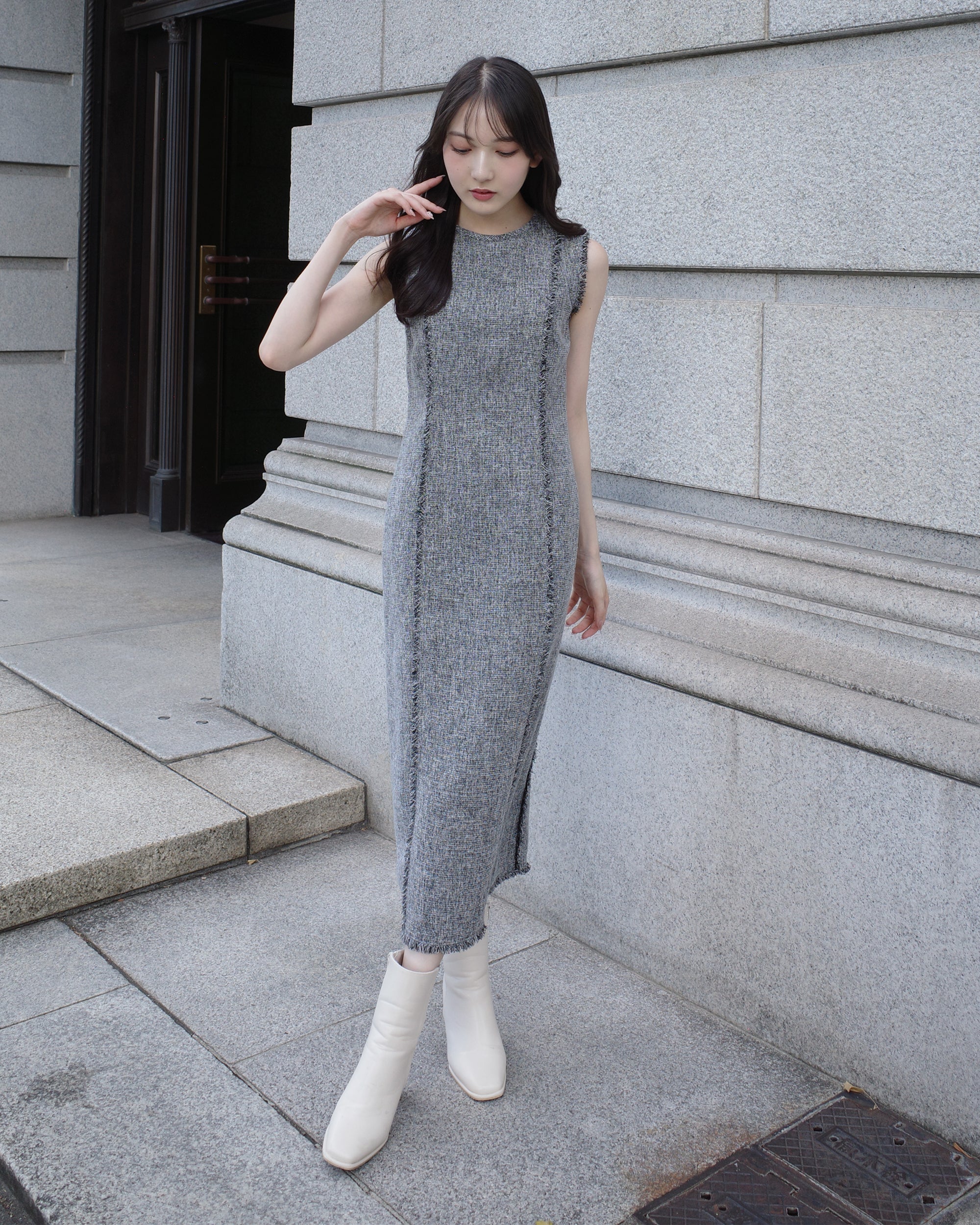 先行予約10%OFF】ノースリーブツイードフリンジワンピース – La lune