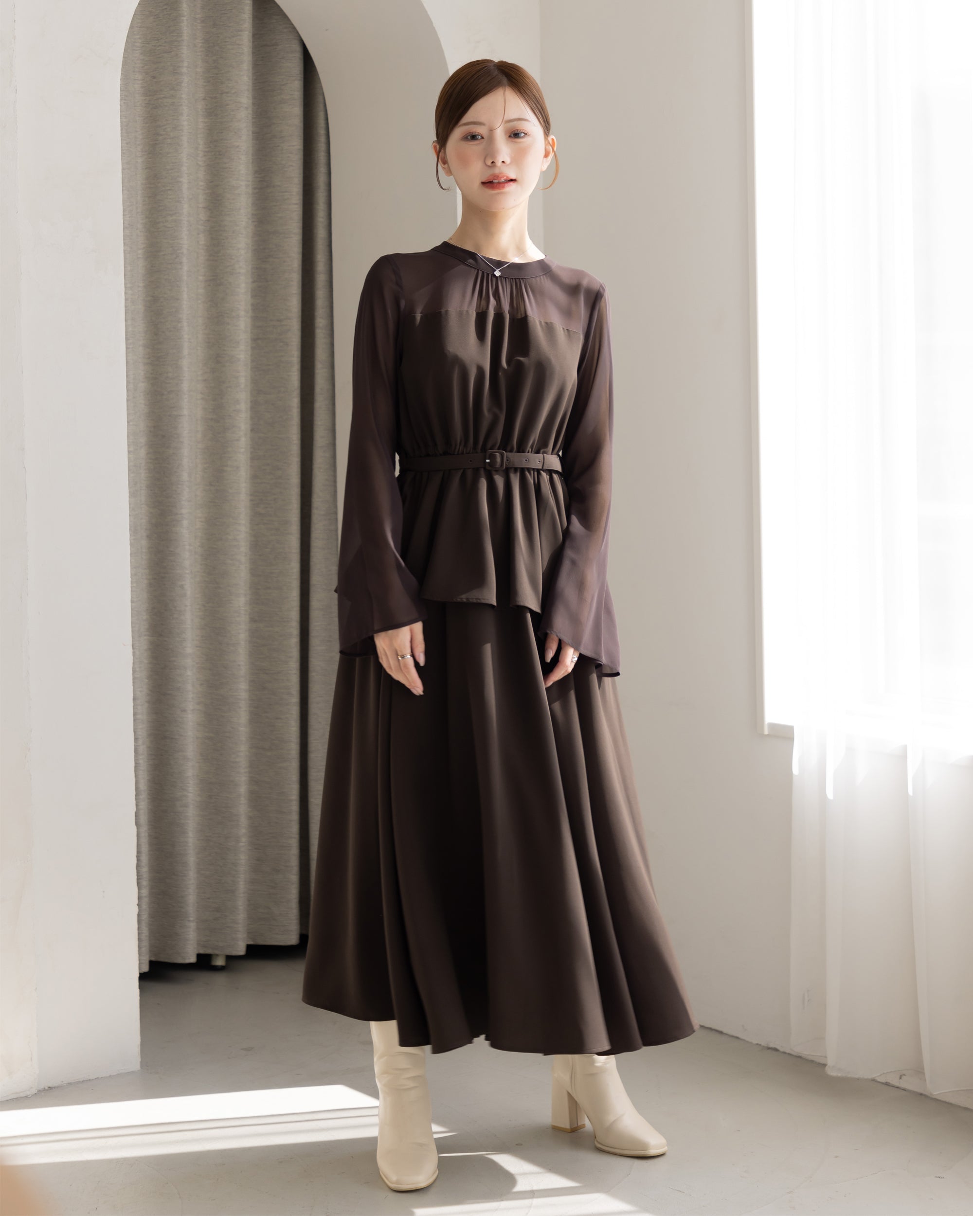 【試着のみ】La lune ペプラムシフォンボリュームワンピース ラリューン 10%OFF】ペプラムシフォンボリュームワンピース – La lune