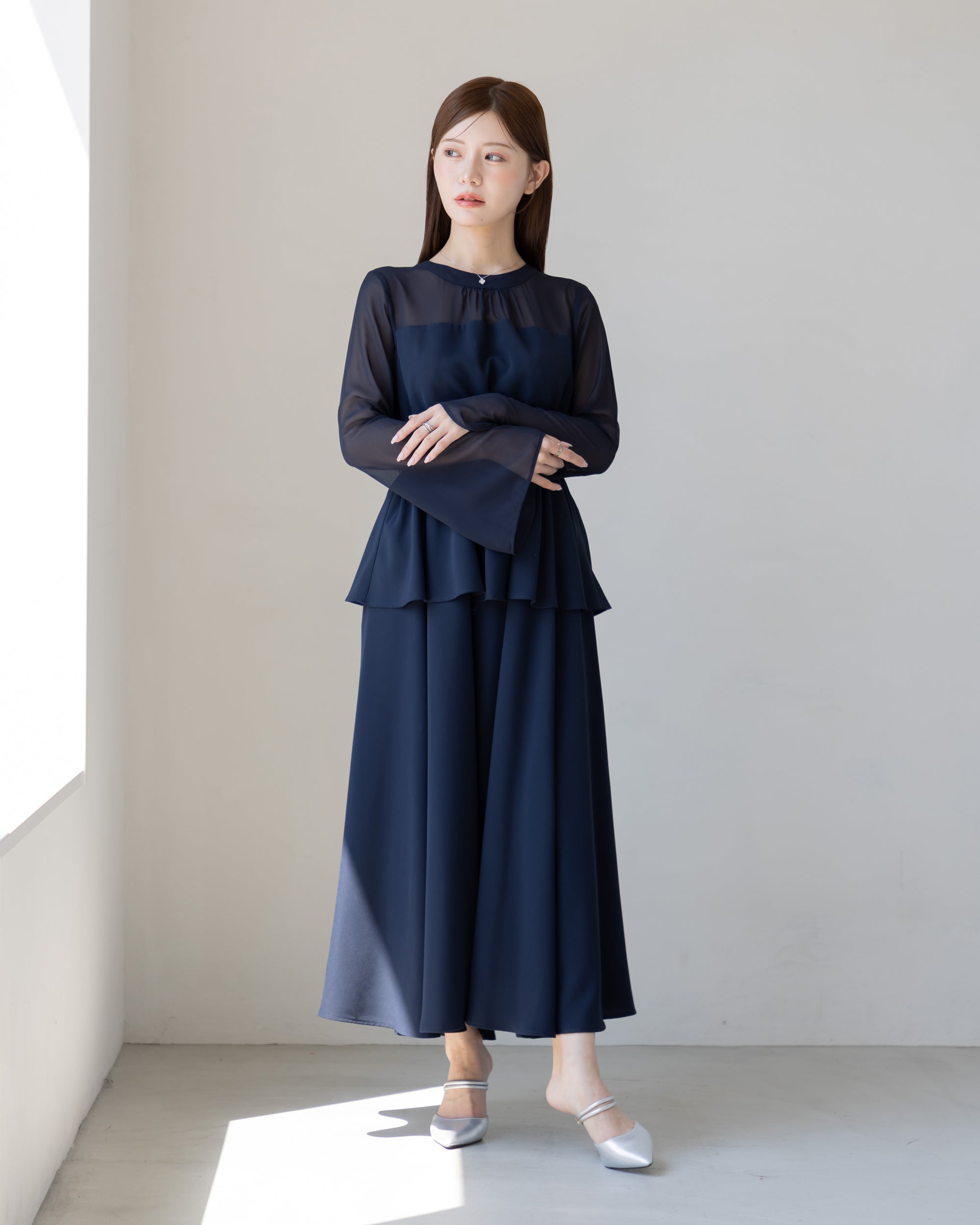 20%OFF】ペプラムシフォンボリュームワンピース – La lune