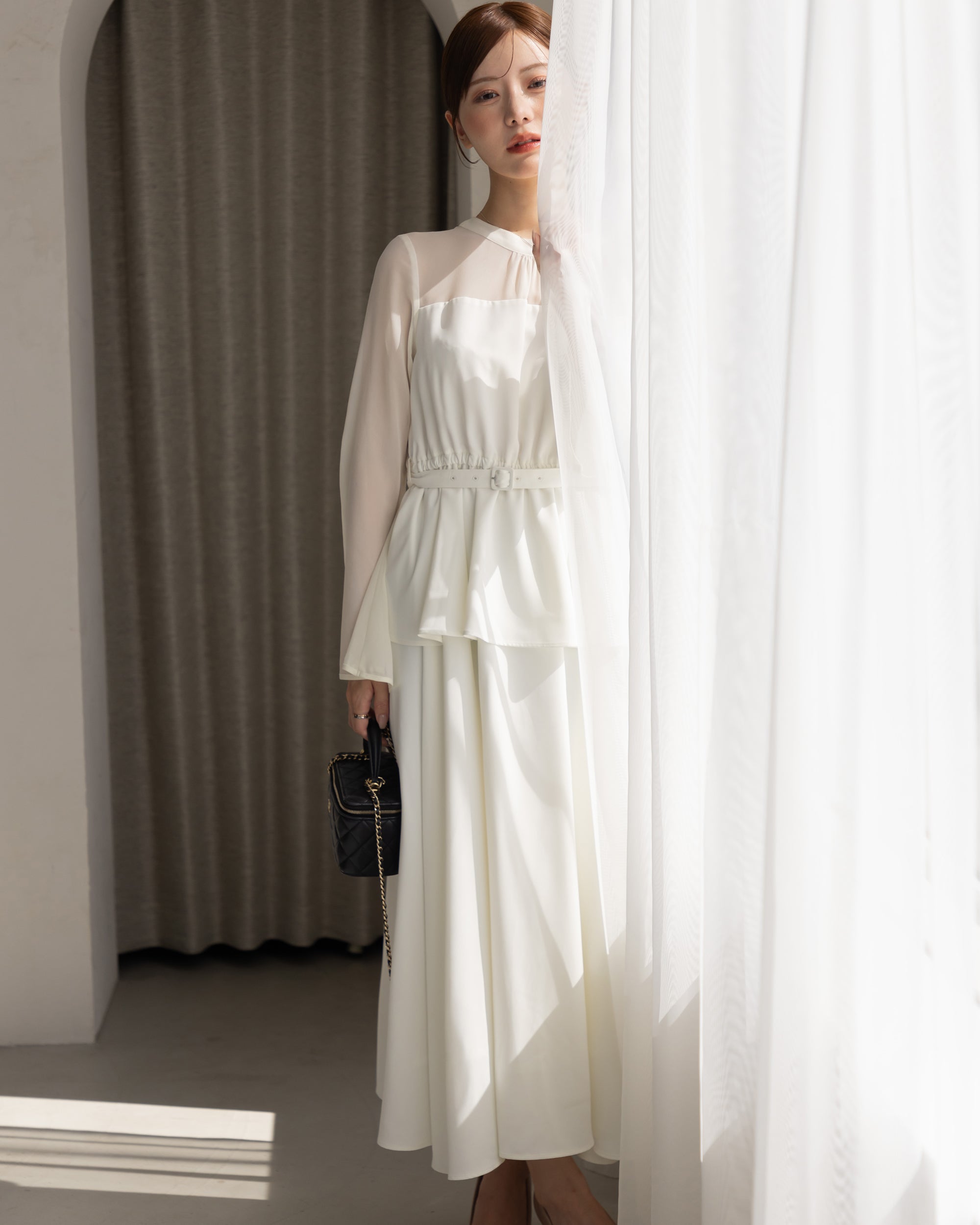 試着のみ】La lune ペプラムシフォンボリュームワンピース ラリューン